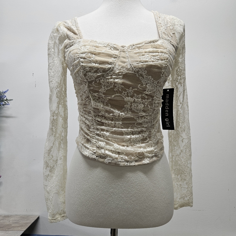 Madden Girl Lace LS Bustier Top Size M Cream Feminine Square Neckline Romantic